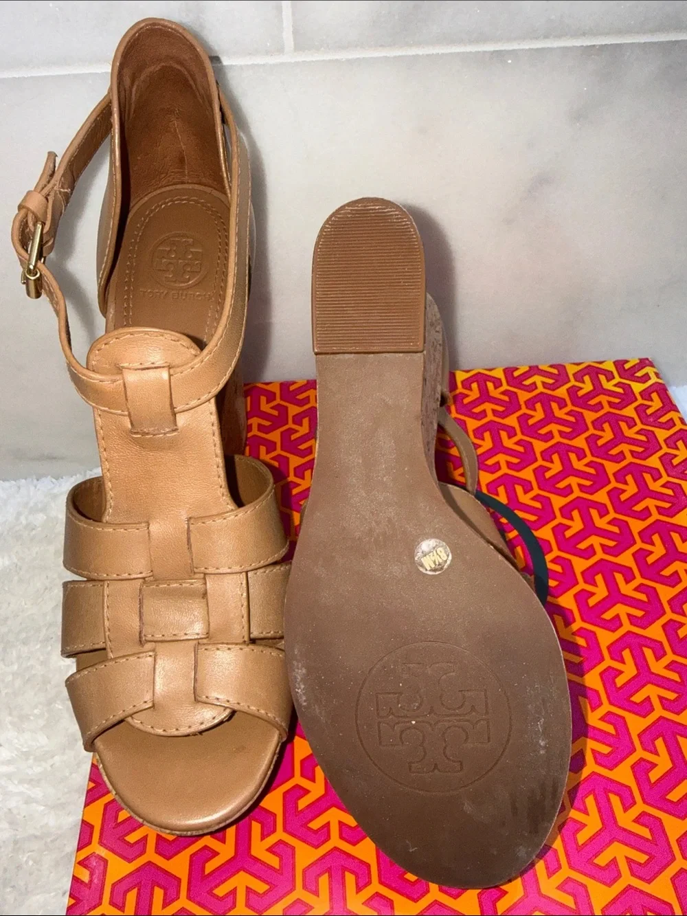 Tory Burch Wendell Cognac Leather Cork Wedge Sandals 8. 1/2